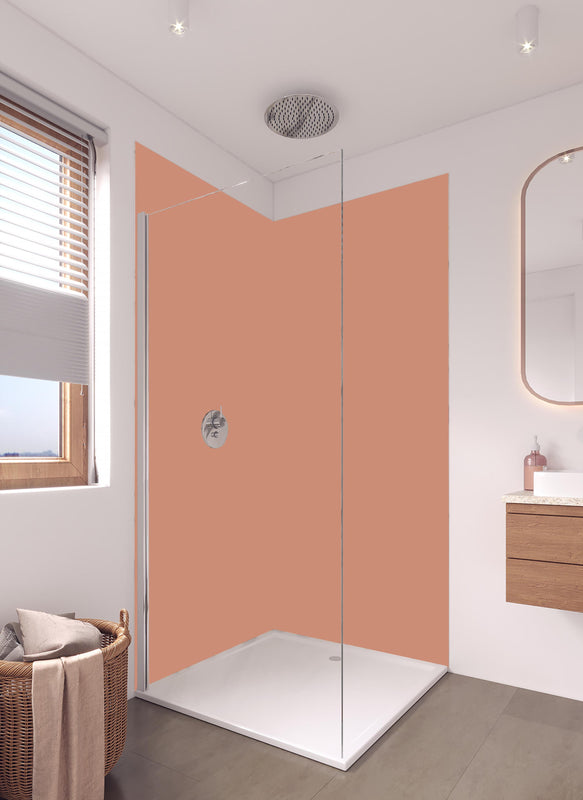Duschrückwand - RAL 3012 (Beige-Rot) in hellem Badezimmer mit Regenduschkopf  - zweiteilige Eck-Duschrückwand