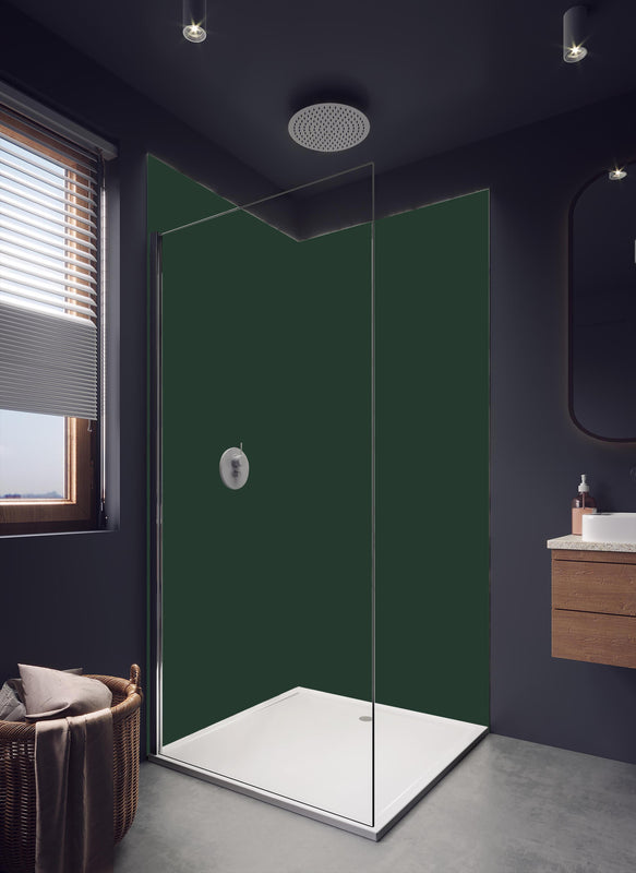 Duschrückwand - RAL 6009 (Tannengrün) in hellem Badezimmer mit Regenduschkopf - einteilige Duschrückwand