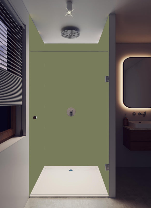 Duschrückwand - RAL 6013 (Schilfgrün) in dunklem Badezimmer mit Regenduschkopf