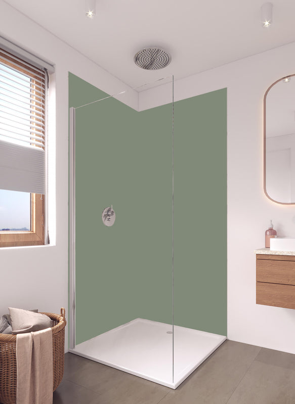 Duschrückwand - RAL 7033 (Zementgrau) in hellem Badezimmer mit Regenduschkopf  - zweiteilige Eck-Duschrückwand