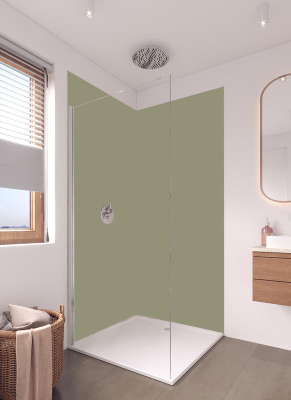 Duschrückwand - RAL 7034 (Gelbgrau) in hellem Badezimmer mit Regenduschkopf  - zweiteilige Eck-Duschrückwand