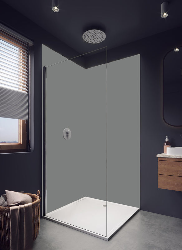 Duschrückwand - RAL 7037 (Staubiges Grau) in hellem Badezimmer mit Regenduschkopf - einteilige Duschrückwand