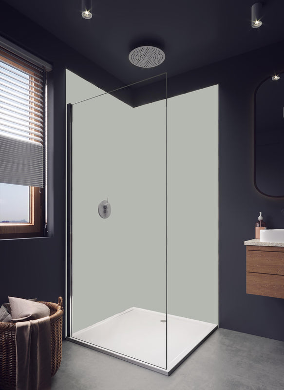 Duschrückwand - RAL 7038 (Achatgrau) in hellem Badezimmer mit Regenduschkopf - einteilige Duschrückwand