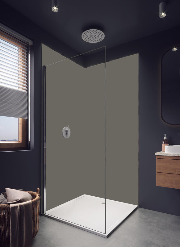 Duschrückwand - RAL 7039 (Quarzgrau) in hellem Badezimmer mit Regenduschkopf - einteilige Duschrückwand