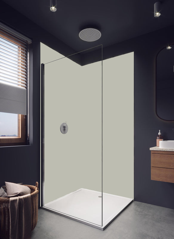 Duschrückwand - RAL 7044 (Seidengrau) in hellem Badezimmer mit Regenduschkopf - einteilige Duschrückwand