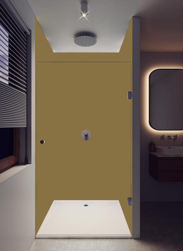 Duschrückwand - RAL 8000 (Grünbraun) in dunklem Badezimmer mit Regenduschkopf