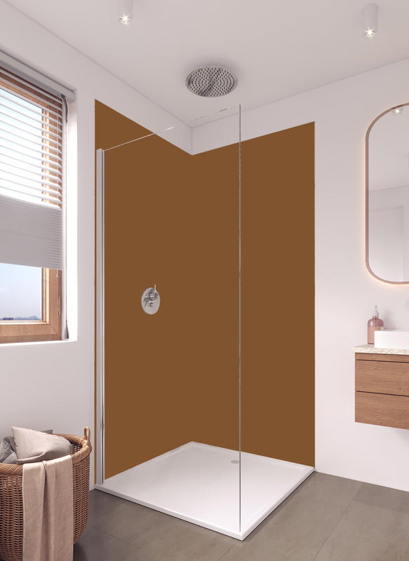 Duschrückwand - RAL 8003 (Lehm-Braun) in hellem Badezimmer mit Regenduschkopf  - zweiteilige Eck-Duschrückwand