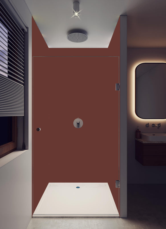 Duschrückwand - RAL 8012 (Rotbraun) in dunklem Badezimmer mit Regenduschkopf