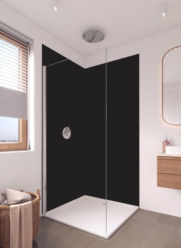 Duschrückwand - RAL 8022 (Schwarzbraun) in hellem Badezimmer mit Regenduschkopf  - zweiteilige Eck-Duschrückwand