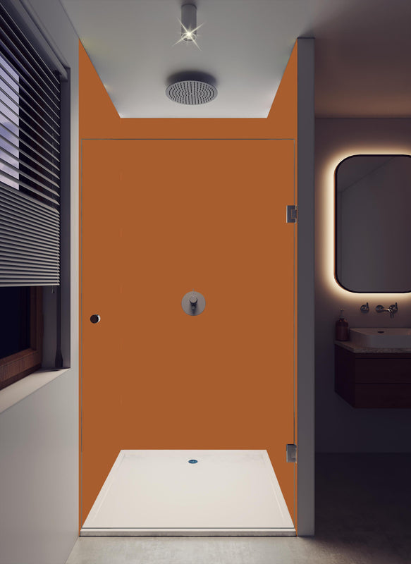 Duschrückwand - RAL 8023 (Orangebraun) in dunklem Badezimmer mit Regenduschkopf