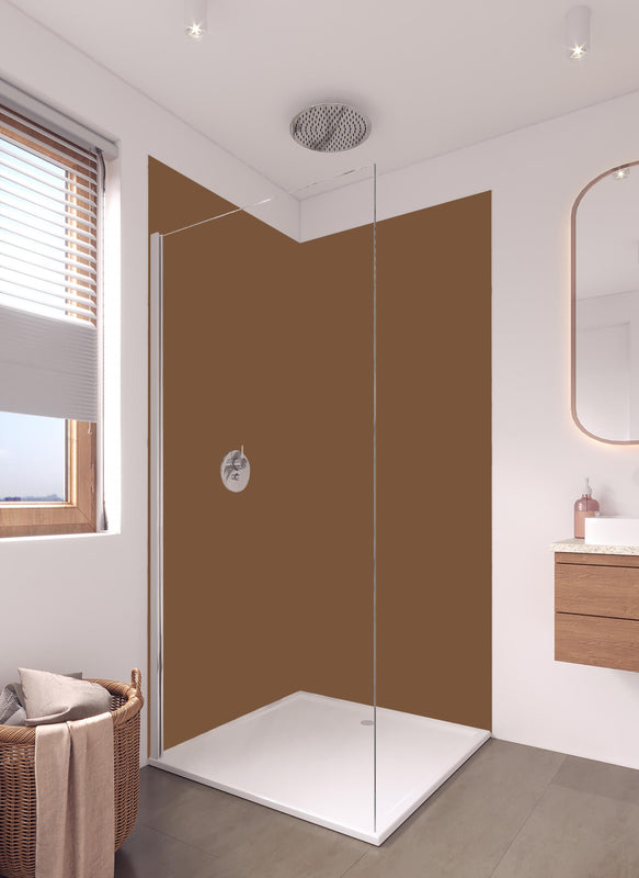 Duschrückwand - RAL 8024 (Beigebraun) in hellem Badezimmer mit Regenduschkopf  - zweiteilige Eck-Duschrückwand