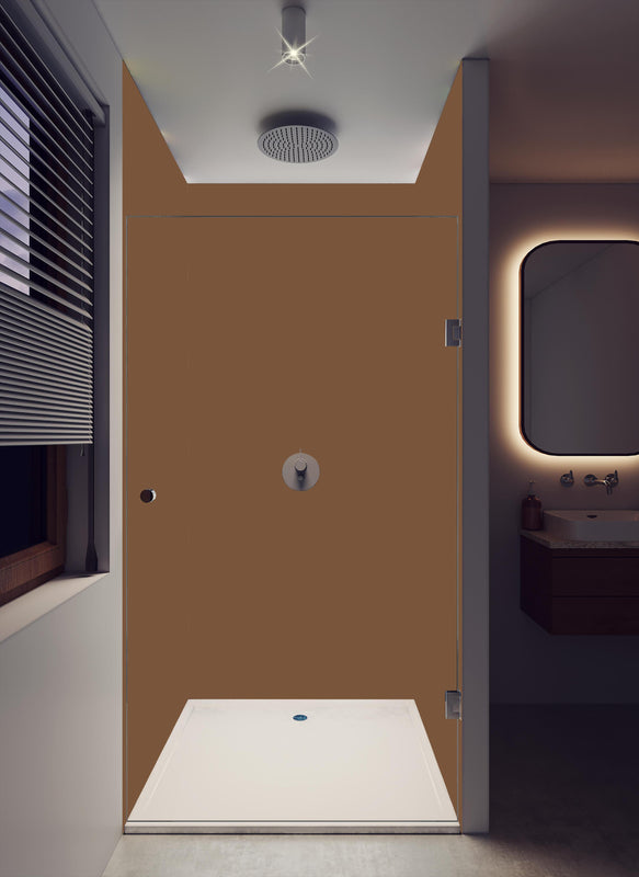 Duschrückwand - RAL 8024 (Beigebraun) in dunklem Badezimmer mit Regenduschkopf