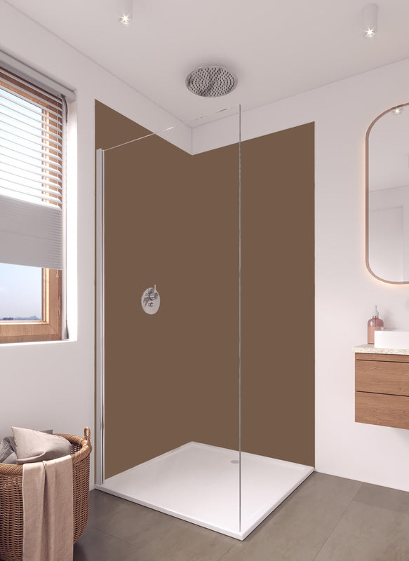 Duschrückwand - RAL 8025 (Blassbraun) in hellem Badezimmer mit Regenduschkopf  - zweiteilige Eck-Duschrückwand