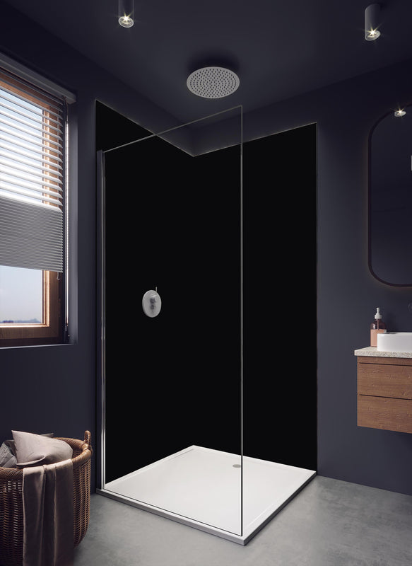 Duschrückwand - RAL 9005 (Tiefschwarz) in hellem Badezimmer mit Regenduschkopf - einteilige Duschrückwand