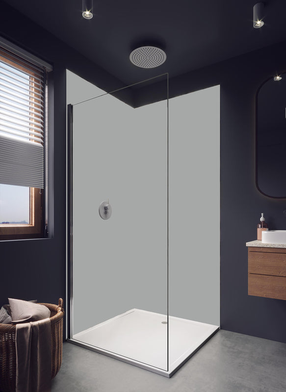 Duschrückwand - RAL 9006 (Weißaluminium) in hellem Badezimmer mit Regenduschkopf - einteilige Duschrückwand