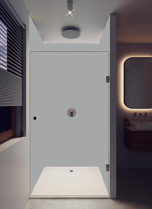Duschrückwand - RAL 9006 (Weißaluminium) in dunklem Badezimmer mit Regenduschkopf