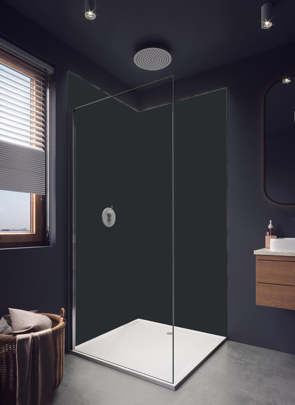 Duschrückwand - RAL 9011 (Graphitschwarz) in hellem Badezimmer mit Regenduschkopf - einteilige Duschrückwand