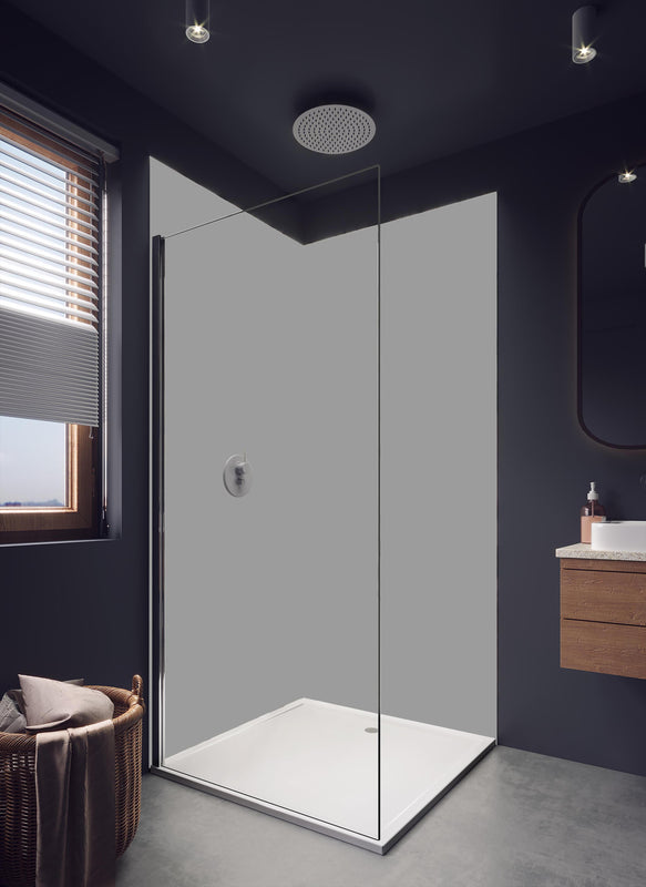 Duschrückwand - RAL 9022 (Perlhellgrau) in hellem Badezimmer mit Regenduschkopf - einteilige Duschrückwand