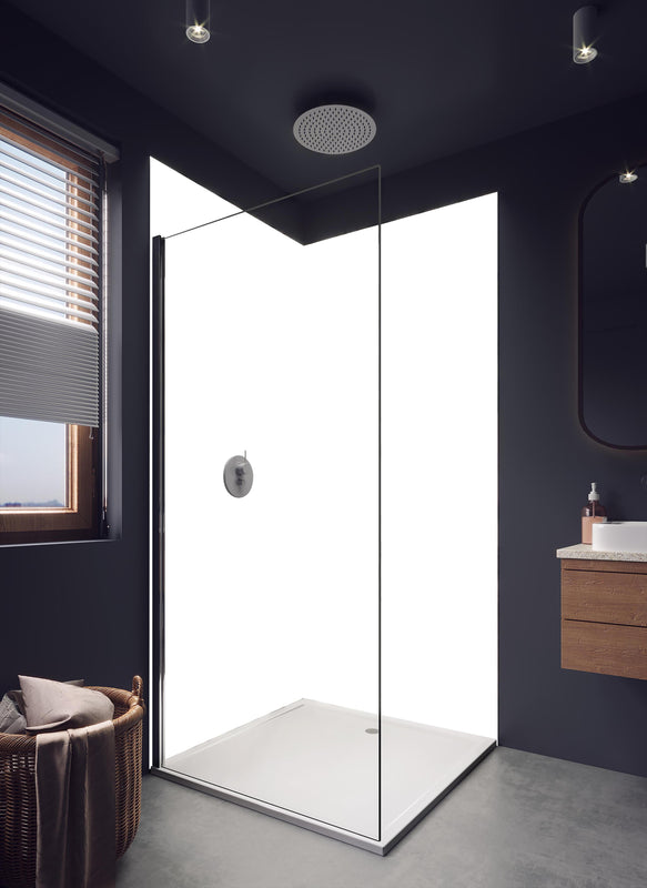 Duschrückwand - RAL Farbe Weiß in hellem Badezimmer mit Regenduschkopf - einteilige Duschrückwand