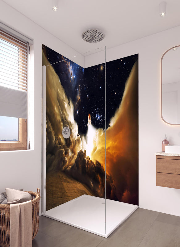 Duschrückwand - Raketenstart ins Weltall in hellem Badezimmer mit Regenduschkopf  - zweiteilige Eck-Duschrückwand