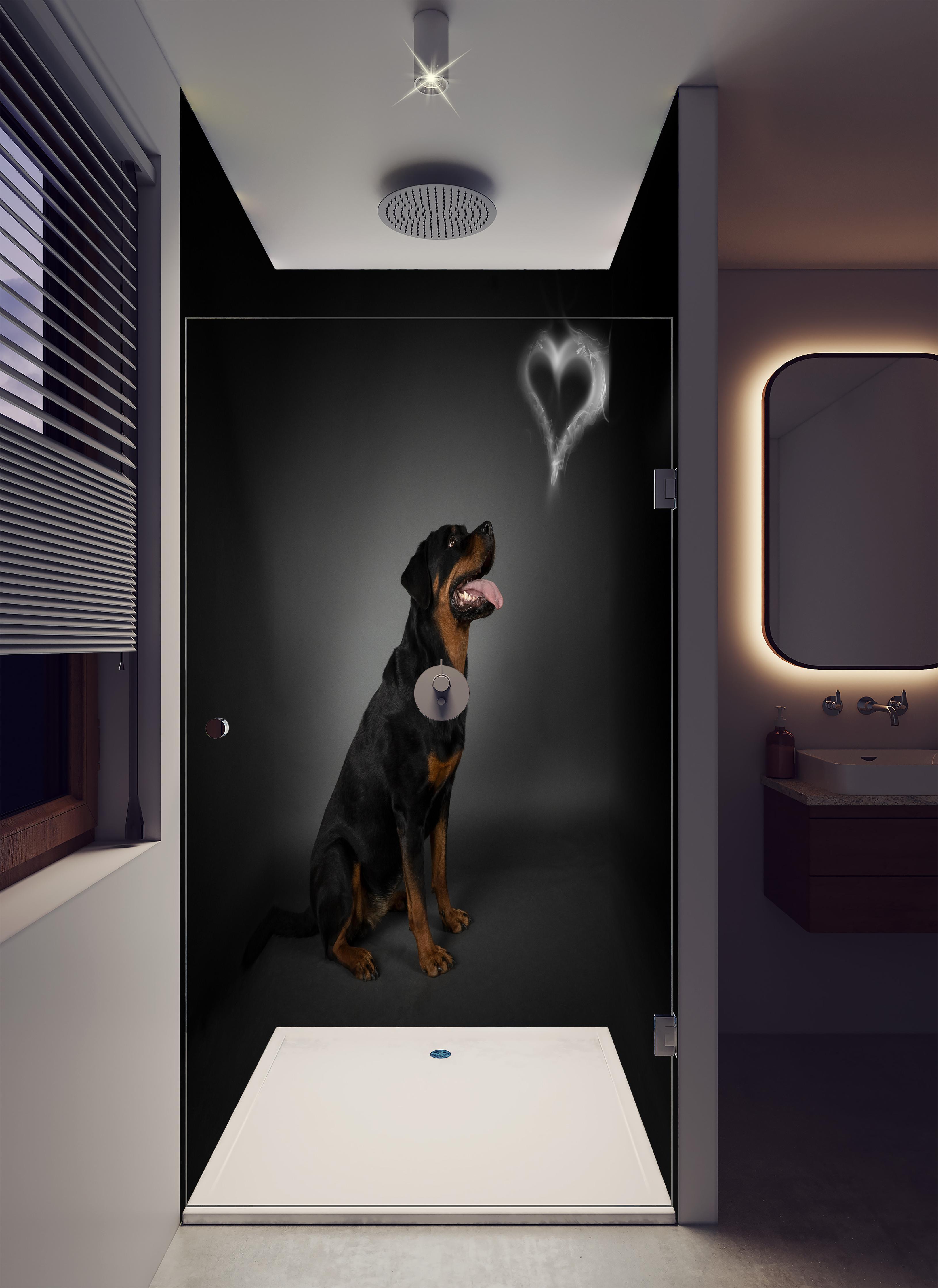 Duschrückwand - Rottweiler sitzend mit Blick auf Herz in luxuriöser Dusche mit Regenduschkopf