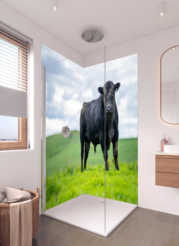 Duschrückwand - Schmutziger Aberdeen Angus in hellem Badezimmer mit Regenduschkopf  - zweiteilige Eck-Duschrückwand