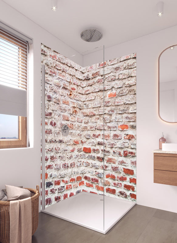 Duschrückwand - Sehr alte kaputte Steinmauer in hellem Badezimmer mit Regenduschkopf  - zweiteilige Eck-Duschrückwand