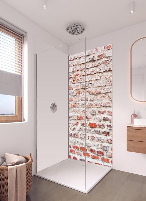 Duschrückwand - Sehr alte kaputte Steinmauer in hellem Badezimmer mit Regenduschkopf - einteilige Duschrückwand