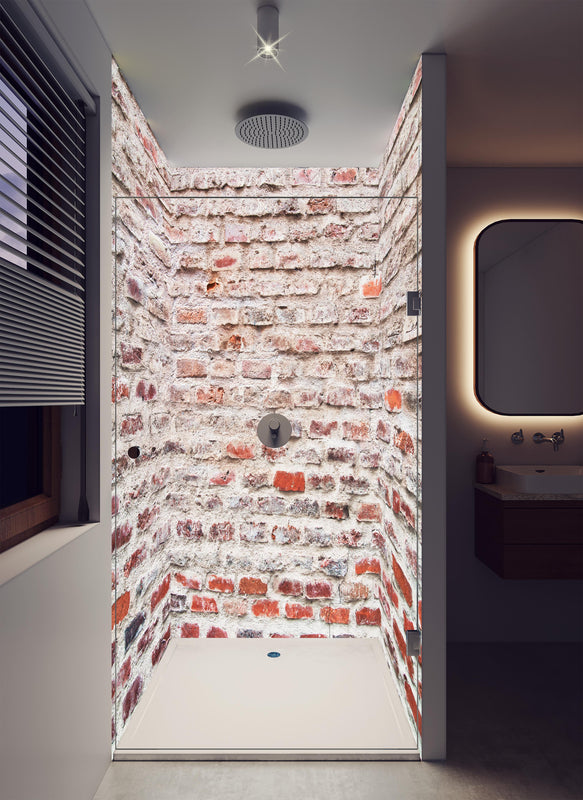 Duschrückwand - Sehr alte kaputte Steinmauer in luxuriöser Dusche mit Regenduschkopf