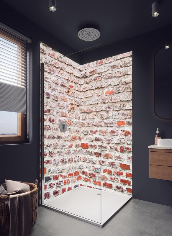 Duschrückwand - Sehr alte kaputte Steinmauer in dunklem Badezimmer mit Regenduschkopf