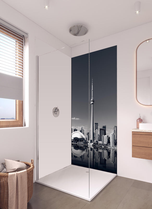 Duschrückwand - Skyline von Toronto mit CN Turm in schwarz weiß in hellem Badezimmer mit Regenduschkopf - einteilige Duschrückwand