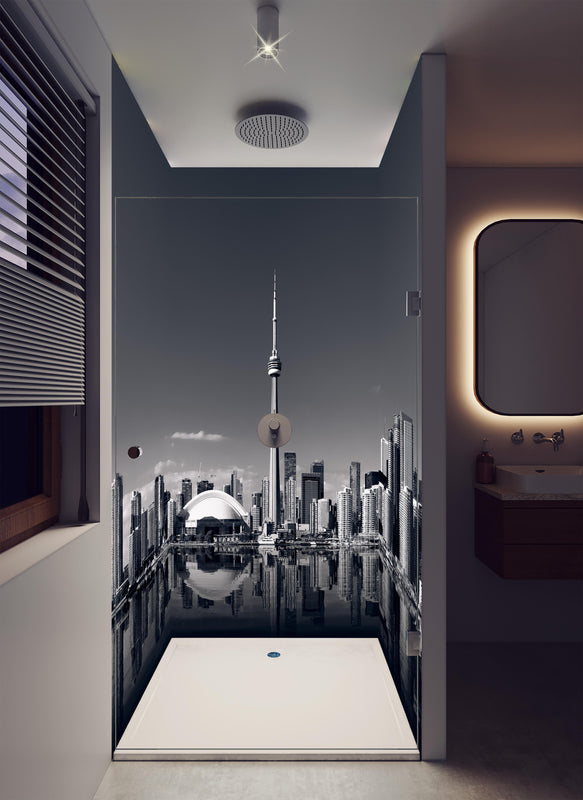 Duschrückwand - Skyline von Toronto mit CN Turm in schwarz weiß in luxuriöser Dusche mit Regenduschkopf