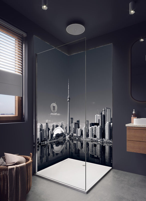 Duschrückwand - Skyline von Toronto mit CN Turm in schwarz weiß in dunklem Badezimmer mit Regenduschkopf