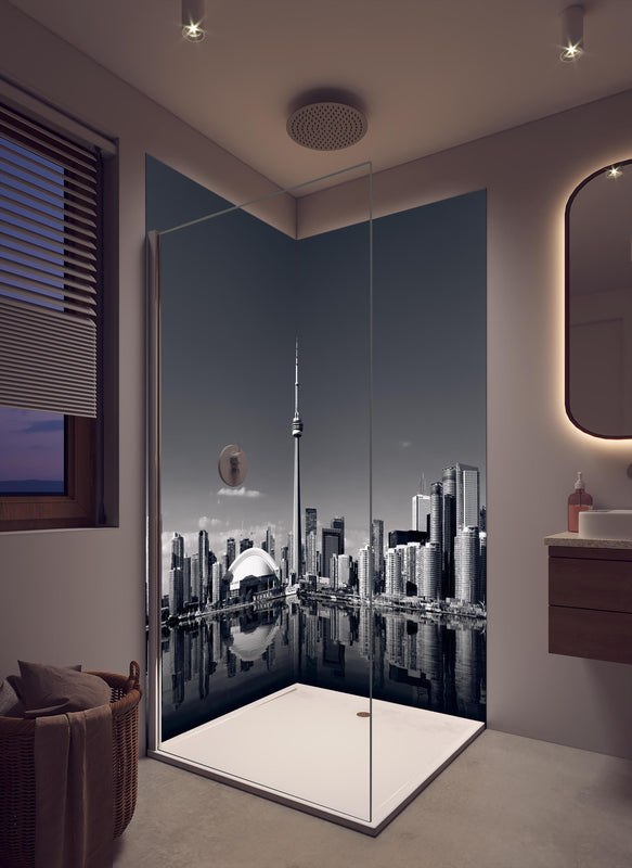 Duschrückwand - Skyline von Toronto mit CN Turm in schwarz weiß in cremefarbenem Badezimmer mit Regenduschkopf