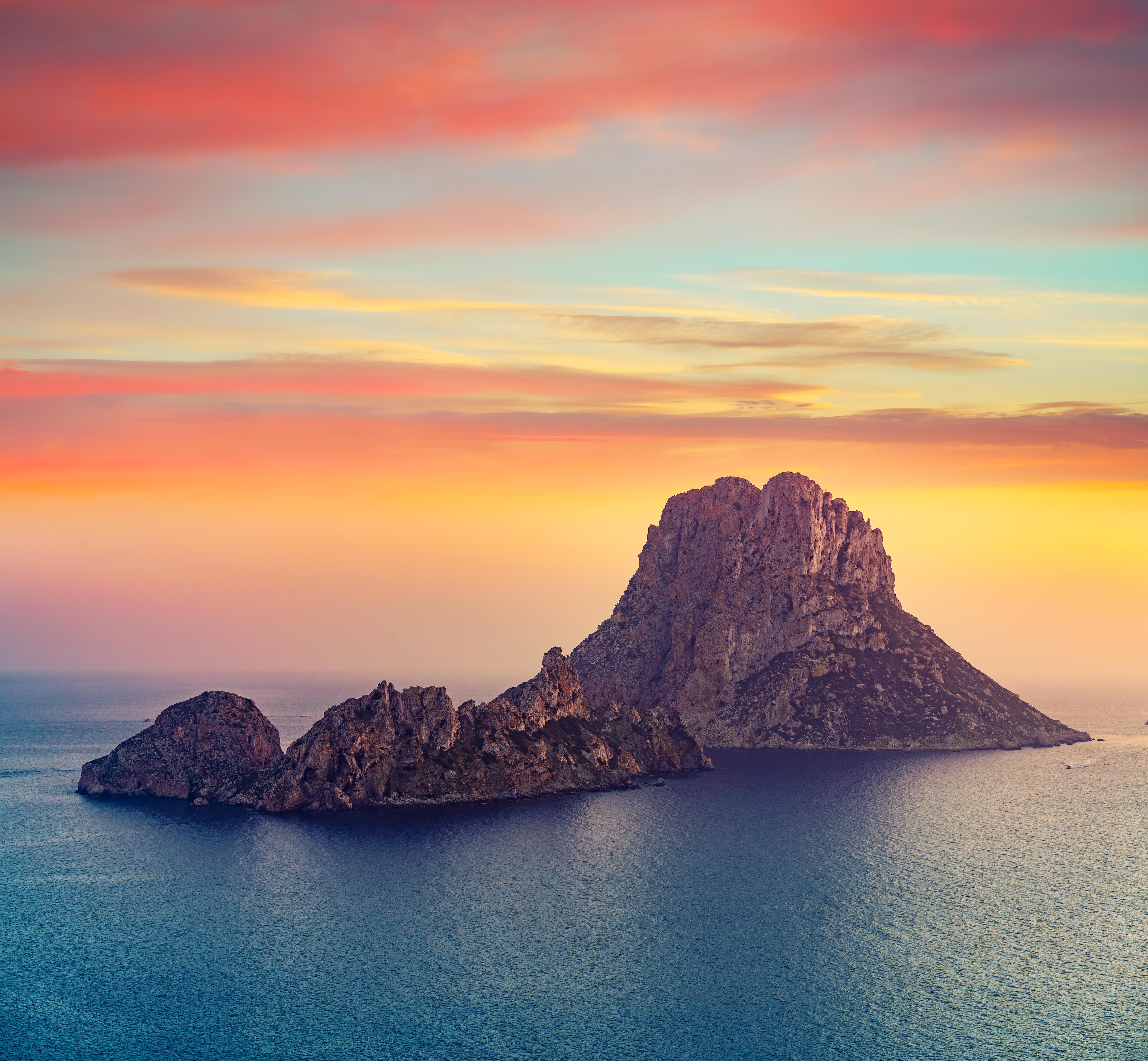 Duschrückwand-Sonnenuntergang auf der Insel Es Vedra auf den Balearen