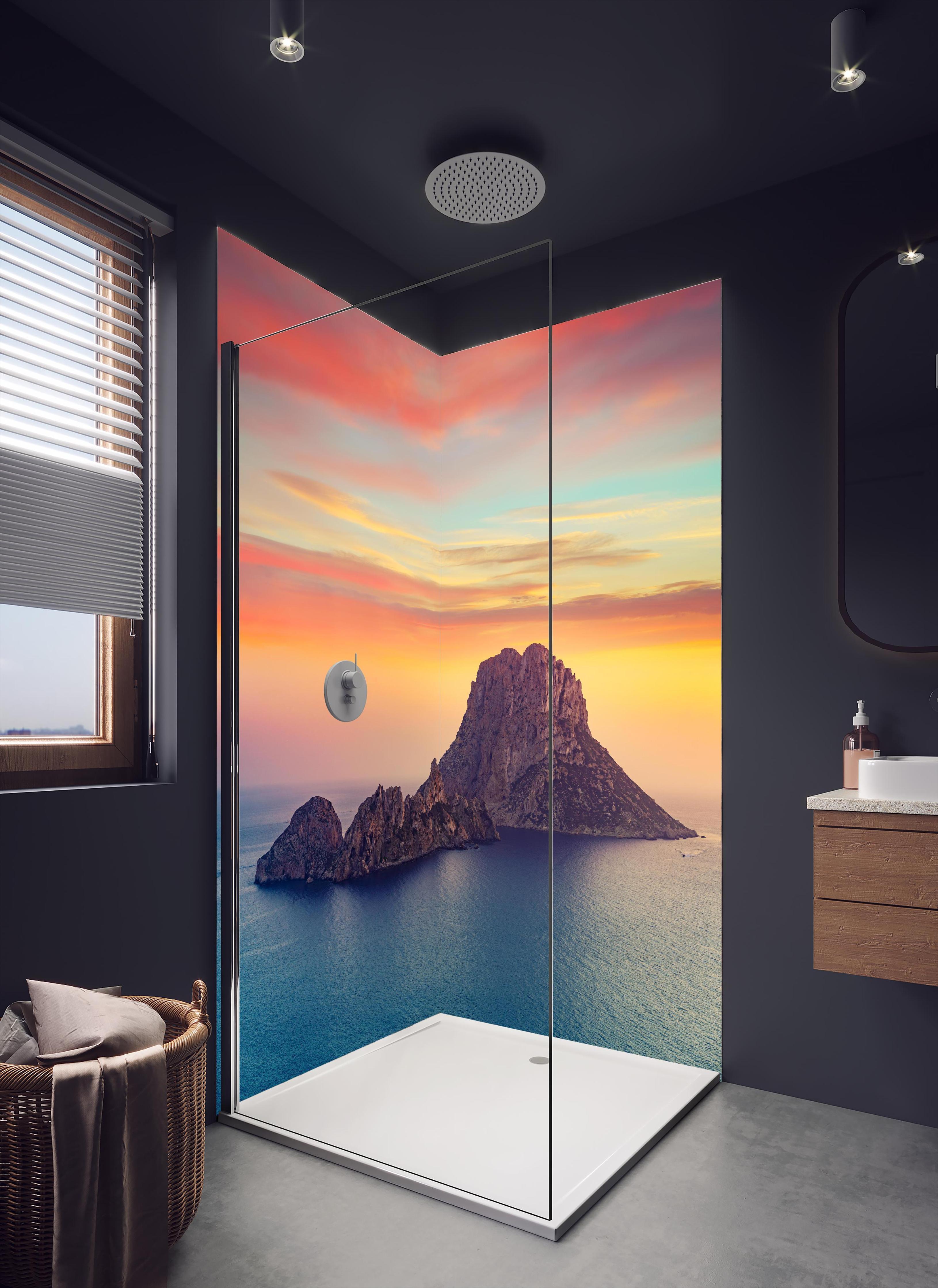 Duschrückwand - Sonnenuntergang auf der Insel Es Vedra auf den Balearen in dunklem Badezimmer mit Regenduschkopf