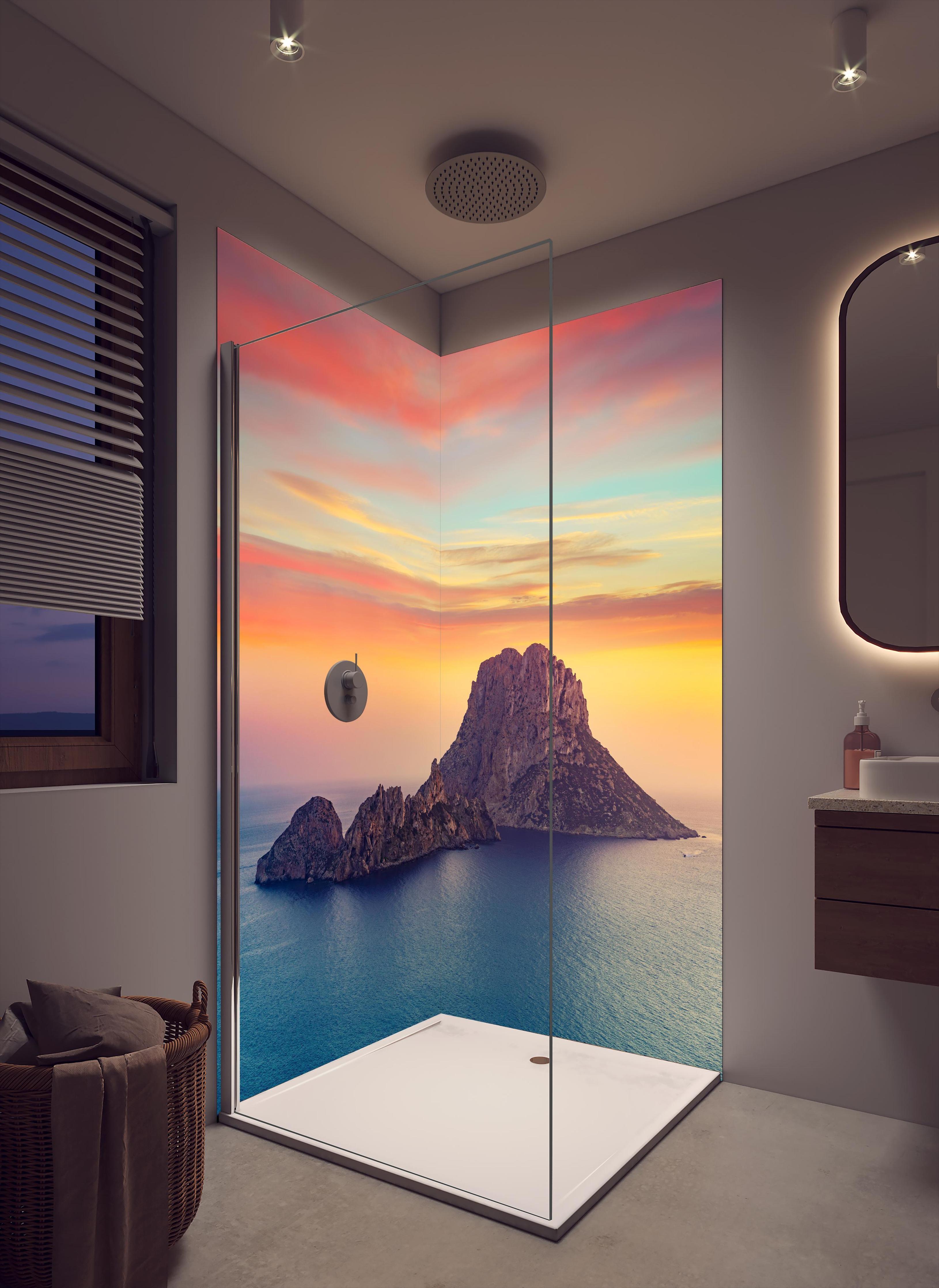 Duschrückwand - Sonnenuntergang auf der Insel Es Vedra auf den Balearen in cremefarbenem Badezimmer mit Regenduschkopf