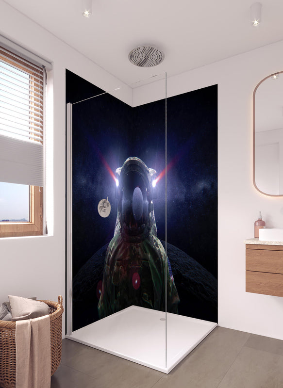 Duschrückwand - Space Force Soldat im Tarnanzug in hellem Badezimmer mit Regenduschkopf  - zweiteilige Eck-Duschrückwand
