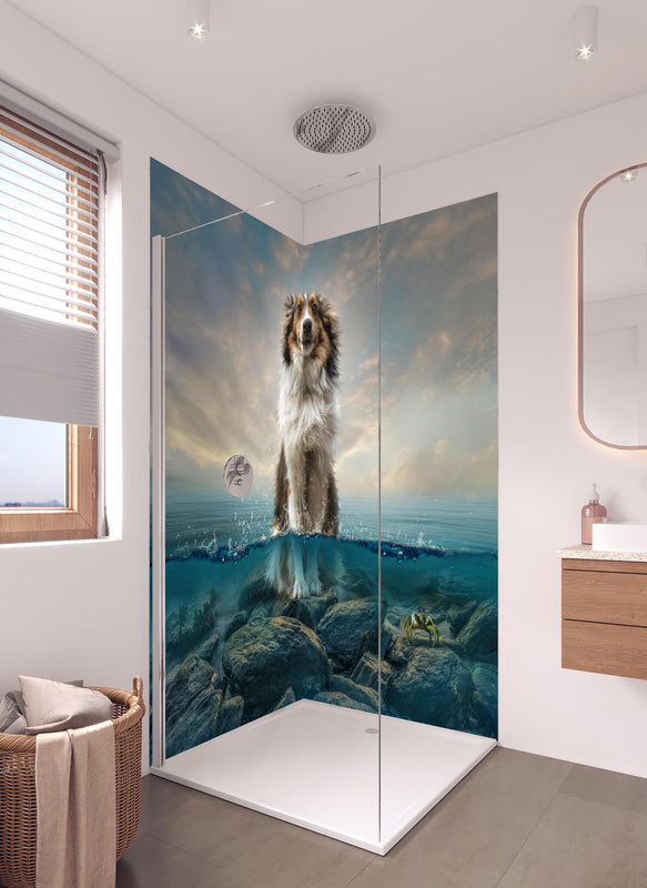 Duschrückwand - Stolzer Shetland-Schäferhund im Wasser in hellem Badezimmer mit Regenduschkopf  - zweiteilige Eck-Duschrückwand