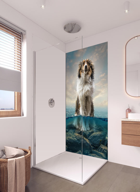 Duschrückwand - Stolzer Shetland-Schäferhund im Wasser in hellem Badezimmer mit Regenduschkopf - einteilige Duschrückwand