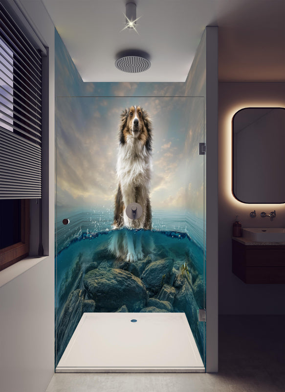 Duschrückwand - Stolzer Shetland-Schäferhund im Wasser in luxuriöser Dusche mit Regenduschkopf