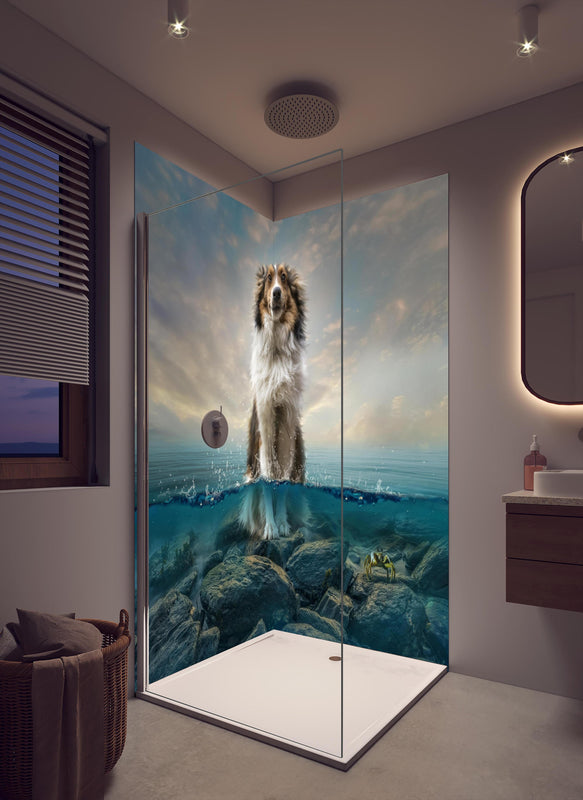 Duschrückwand - Stolzer Shetland-Schäferhund im Wasser in cremefarbenem Badezimmer mit Regenduschkopf