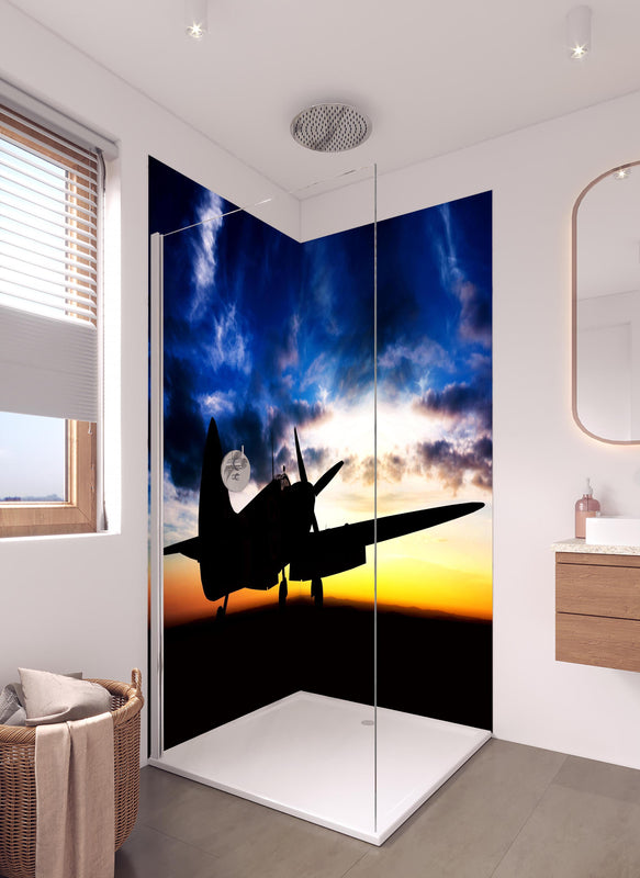 Duschrückwand - Supermarine Spitfire in hellem Badezimmer mit Regenduschkopf  - zweiteilige Eck-Duschrückwand