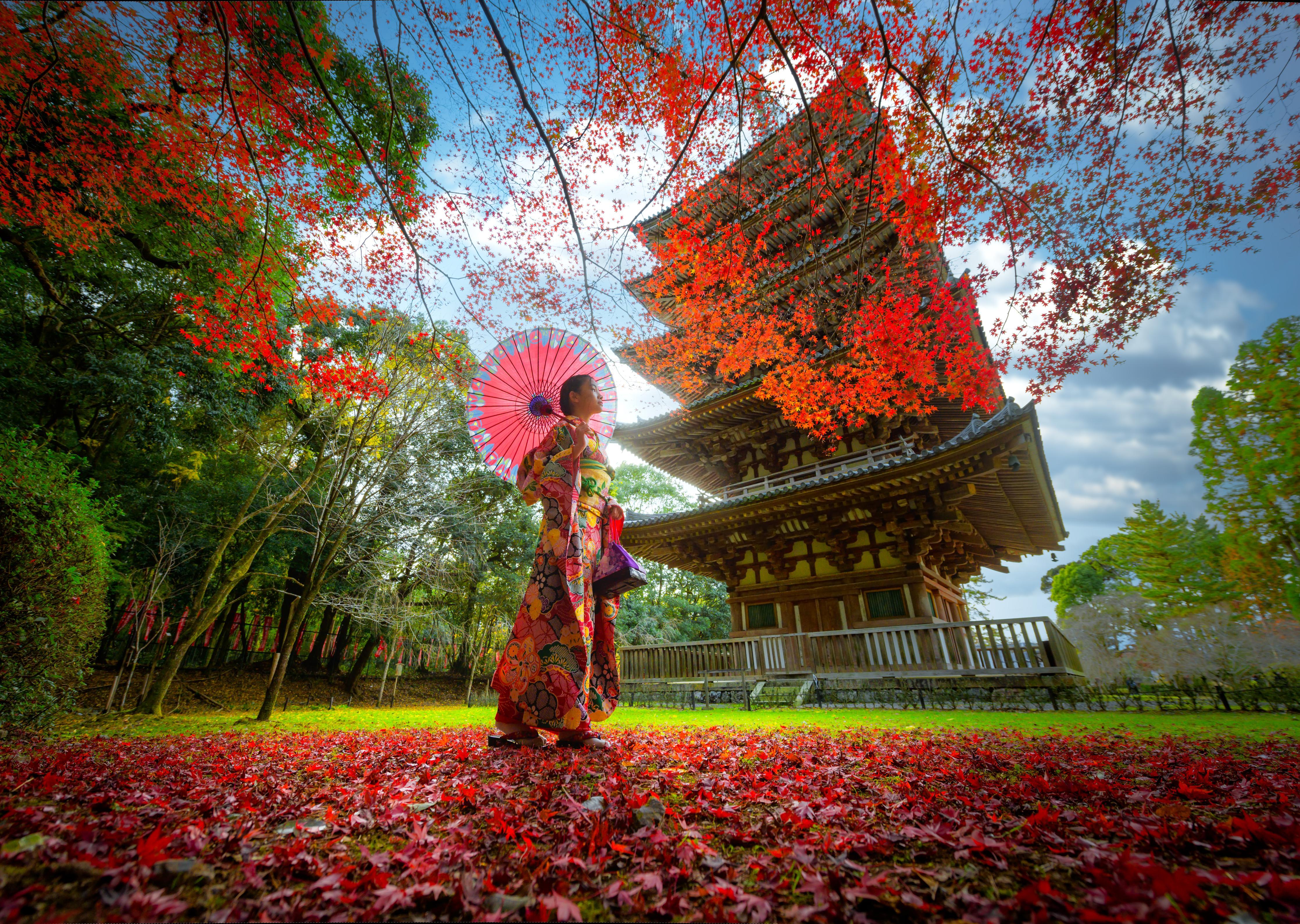 Duschrückwand-Tempel in Japan in Herbstlicher Landschaft