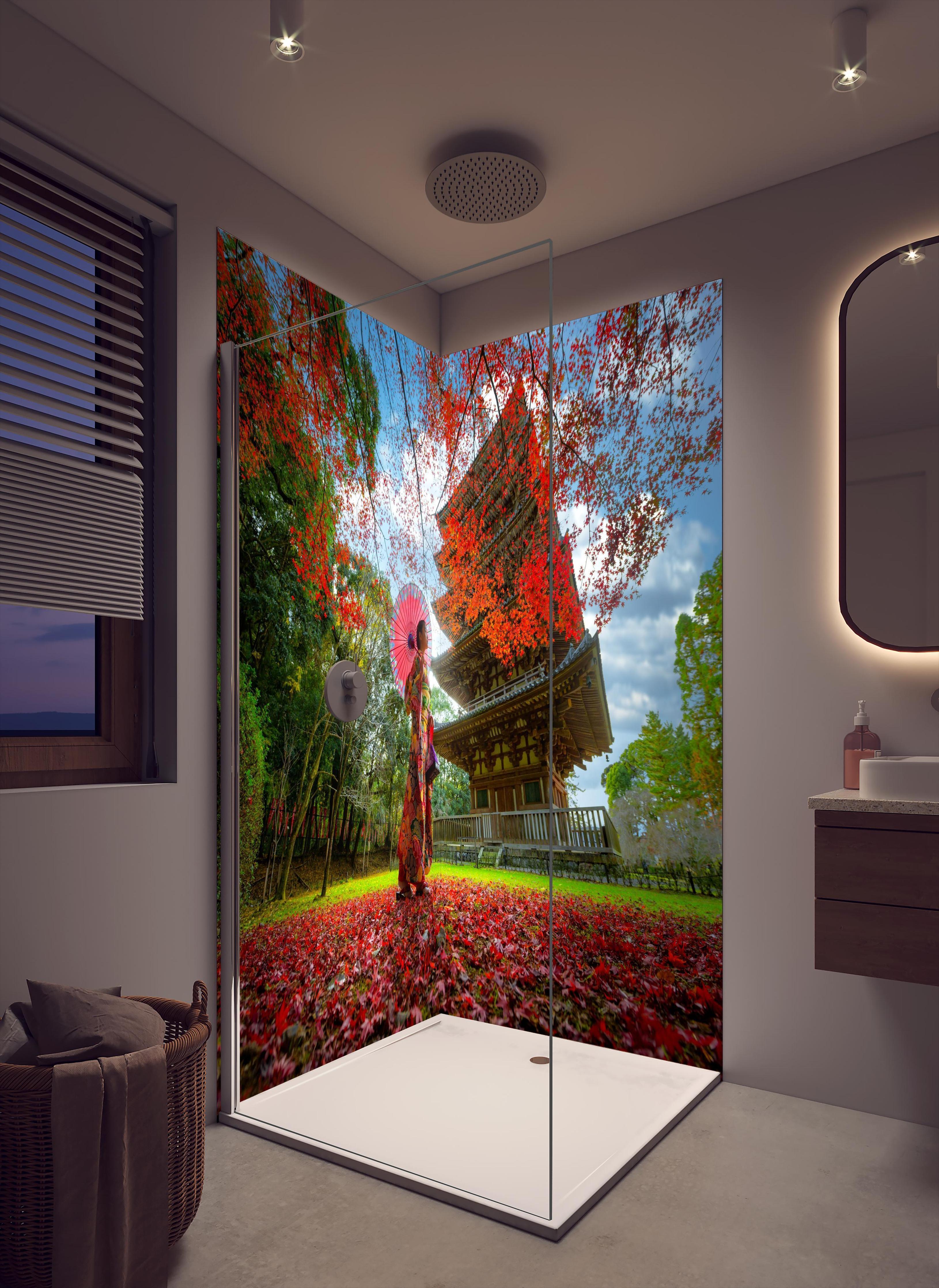 Duschrückwand - Tempel in Japan in Herbstlicher Landschaft in cremefarbenem Badezimmer mit Regenduschkopf