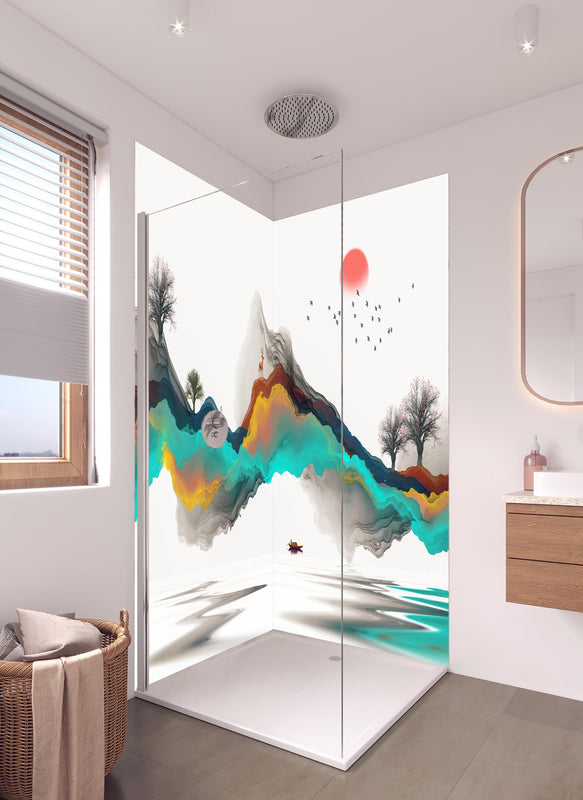 Duschrückwand - Tinte Linie Dekoration Landschaft in hellem Badezimmer mit Regenduschkopf  - zweiteilige Eck-Duschrückwand