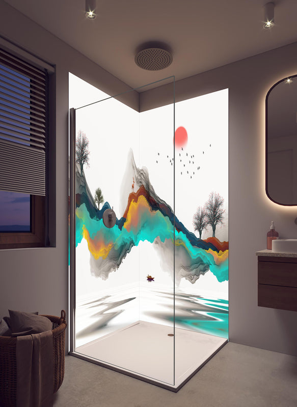 Duschrückwand - Tinte Linie Dekoration Landschaft in cremefarbenem Badezimmer mit Regenduschkopf