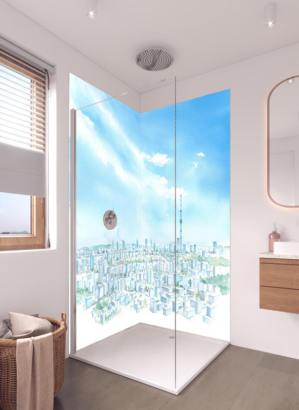 Duschrückwand - Tokyo Sky Tree Aquarellmalerei in hellem Badezimmer mit Regenduschkopf  - zweiteilige Eck-Duschrückwand