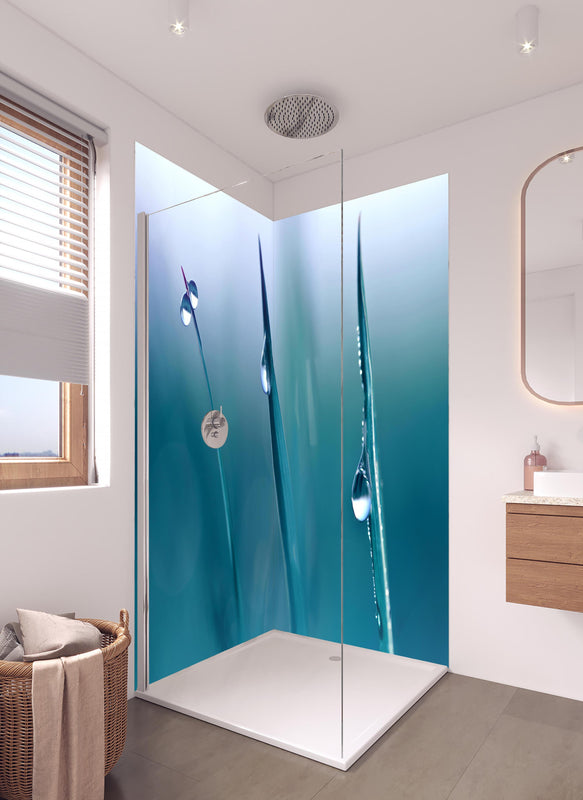 Duschrückwand - Transparente Tautropfen in hellem Badezimmer mit Regenduschkopf  - zweiteilige Eck-Duschrückwand