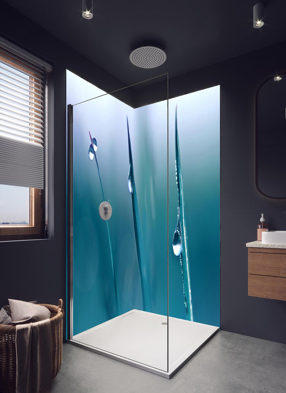 Duschrückwand - Transparente Tautropfen in dunklem Badezimmer mit Regenduschkopf